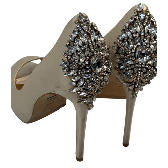 Badgley Mischka Embellished Peep-Toe Stiletto Heels Size 9.5M Satin & Leather - Picture 8 of 13